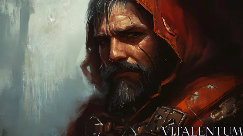 Scarred wanderer in ember-red hood studies the horizon.