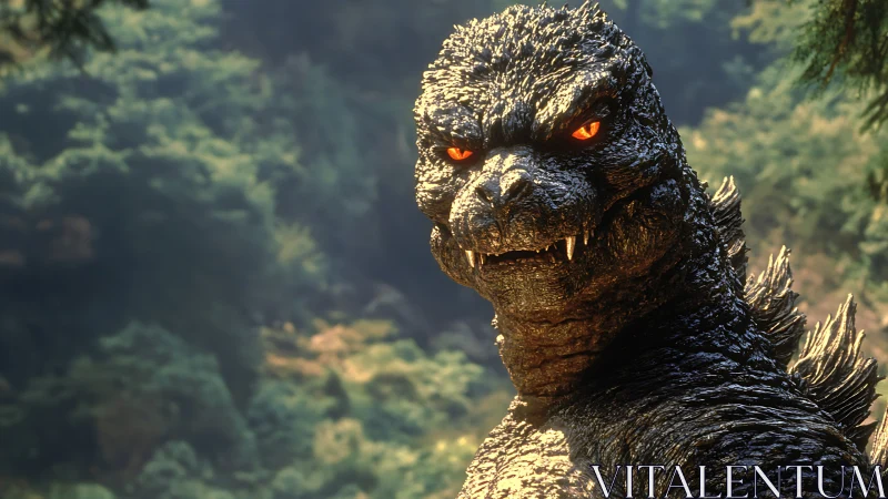 Close view of roaring reptilian kaiju in forest setting.