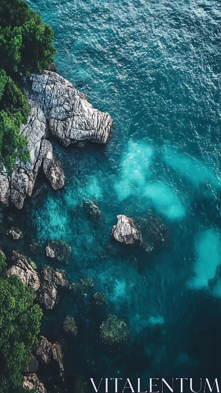 Rocky tropical shoreline meets vivid turquoise sea from above.