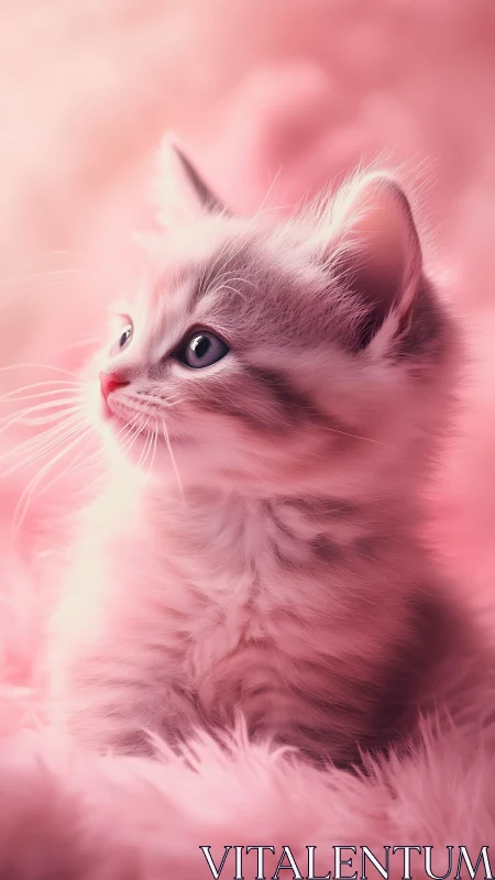 Pink kitten with fluffy fur rendered in soft focus technique.
