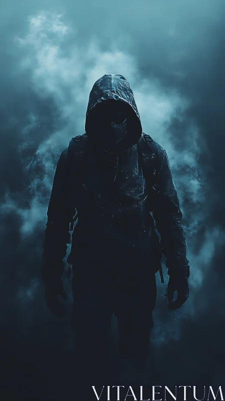 Hooded figure emerging from dense blue fog at night.