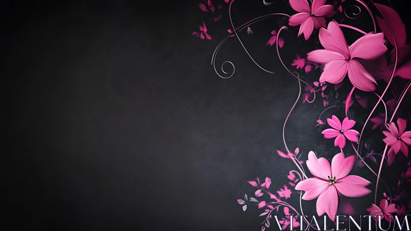 Pink Floral Vines on Deep Charcoal Background.