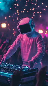 Helmeted DJ in neon club environment performing live set.