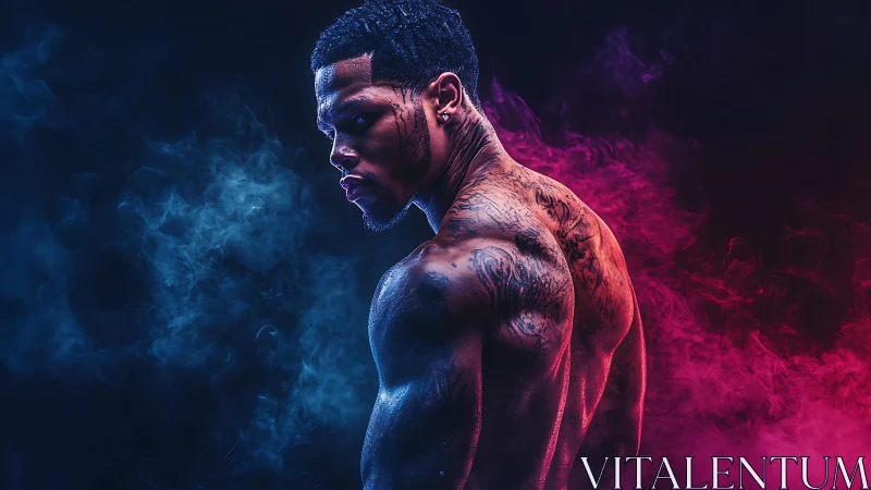 Neon Silhouette: Muscular Man Emerges from Chromatic Mist.