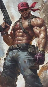 Battle-scarred rebel gunner strides through blazing duststorm.