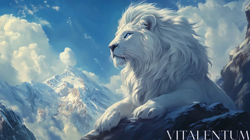 Majestic white lion overlooking alpine mountain range at dusk