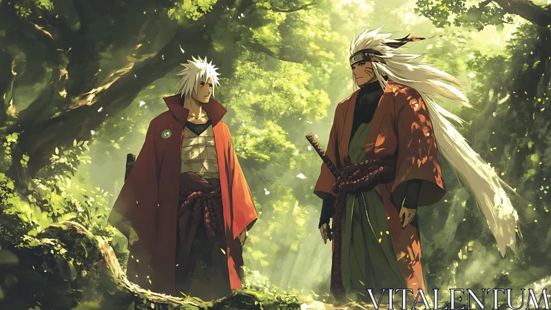 Two white-haired warriors in red robes within dense forest.