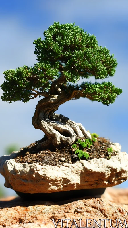 Bonsai tree grows in a shallow stone container on a rock