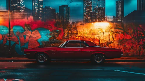 Classic red muscle car glows against neon graffiti wall.