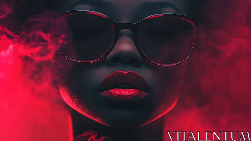 Neon red portrait of woman in sunglasses amid swirling smoke.