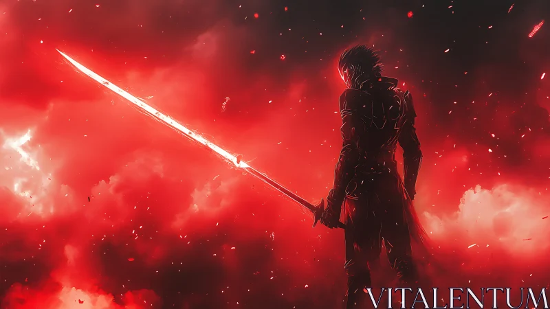 Crimson dusk warrior with blazing sword of stormfire.