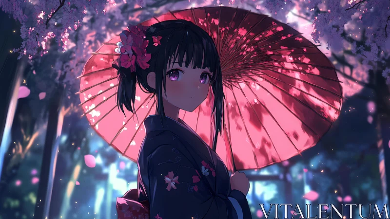 Anime girl holds pink umbrella under glowing cherry blossoms