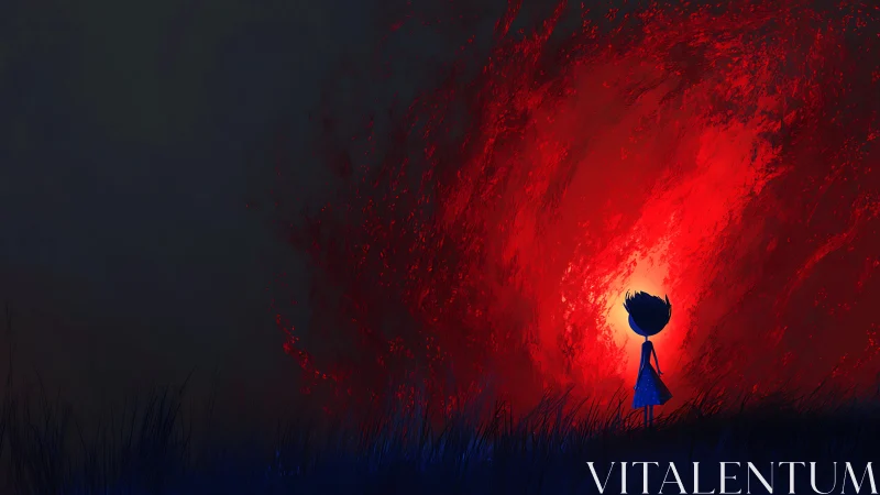 Silhouetted figure observes red illuminated vortex in field