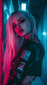 Cyberpunk woman in neon corridor with intense lighting.