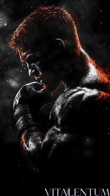 Ember-lit fighter pauses in shadow, carved by battle light.