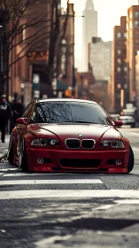 Stanced red BMW sedan on urban street at golden hour, low angle