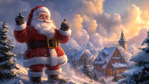 Santa figure before snowy village under glowing sky.