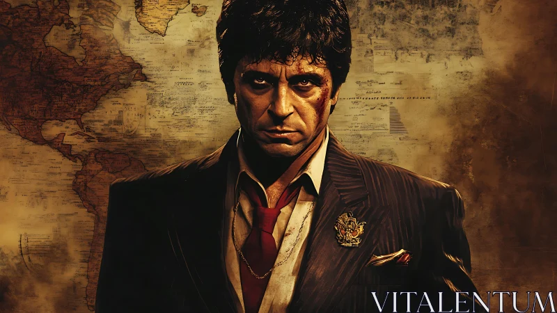 Brooding crime boss framed by a weathered world map.
