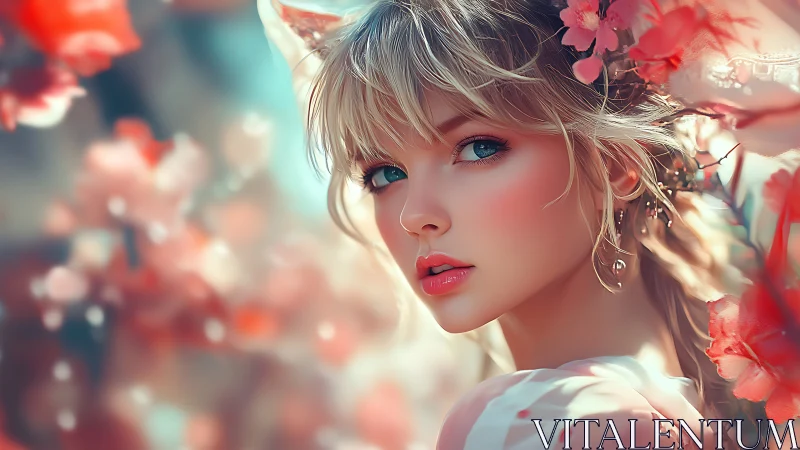 High-fidelity anime portrait amid chromatic floral bokeh.