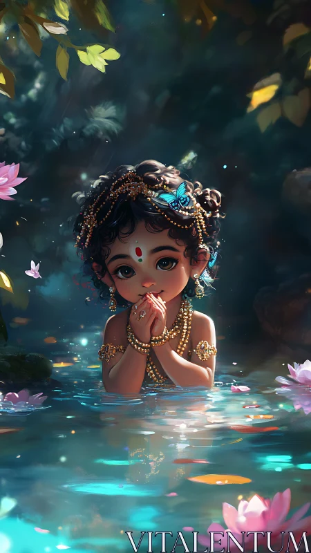 Gentle river child in jeweled calm and glowing petals.