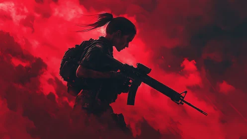 Silhouetted soldier strides through crimson war-torn clouds