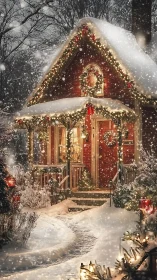 Illuminated red cottage in dense snowfall with festive garlands.