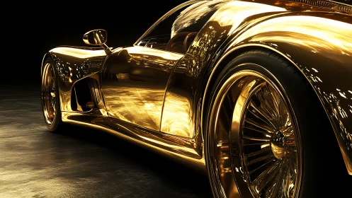 Golden supercar body reflects dramatic cinematic lighting.