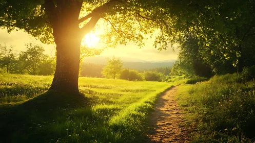 Sunlit forest path under large tree in serene landscape, natural style.