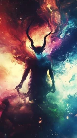 Horned silhouette surrounded by multicolored swirling nebula.