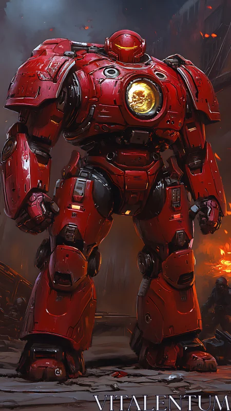 Heavily armoured crimson mech with glowing reactor core.