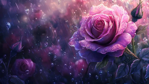Ethereal Purple Roses Drenched in Rainfall.