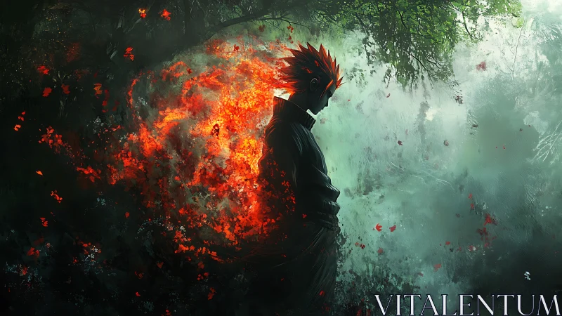 Silhouetted figure stands amid contrasting fire and forest