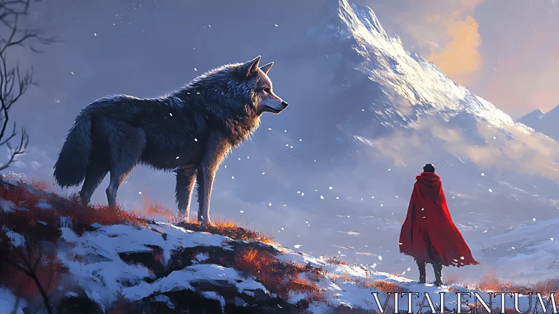 Lone wolf and red-cloaked wanderer in alpine dusk vista.
