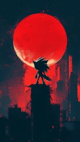 Silhouette hedgehog crowns a crimson moon over ruined city