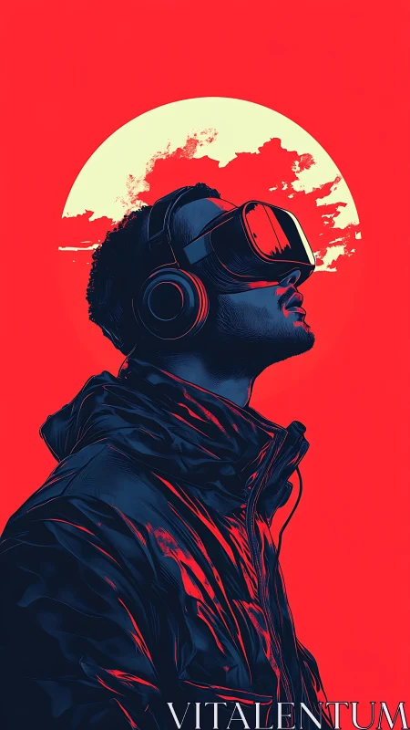 Man wearing VR headset and headphones faces stylized sun backdrop