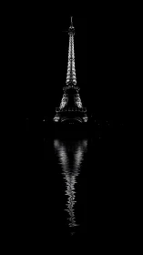 Eiffel Tower glows in monochrome night with liquid reflection