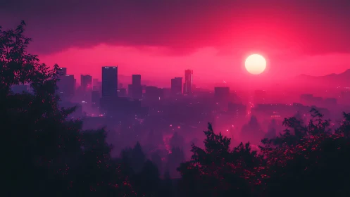 Neon pink sun floods misty city skyline at dusk.