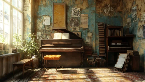 Sunlit vintage piano room humming with quiet stories.