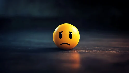 Yellow emoticon sphere rests on dark reflective surface