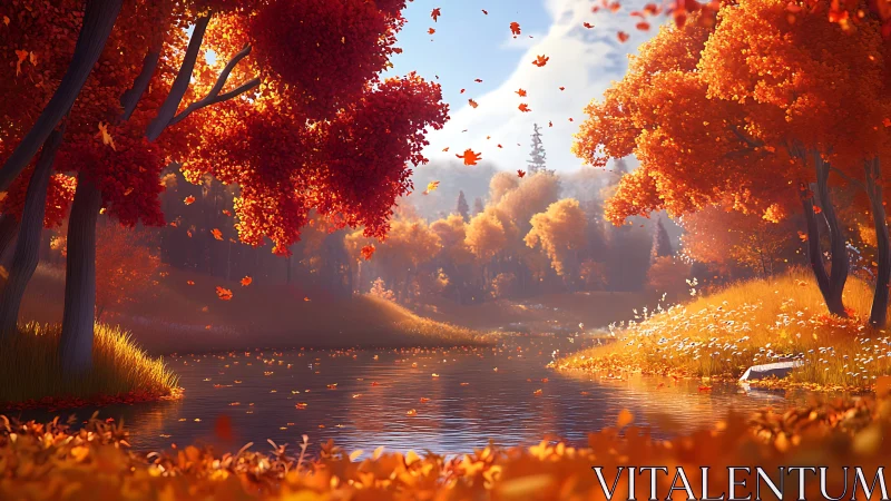 Autumn river valley rendered in high-fidelity digital painting