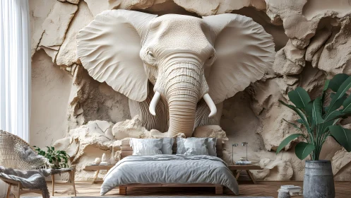 Striking Modern Bedroom with Giant Elephant Wall Sculpture Decor.