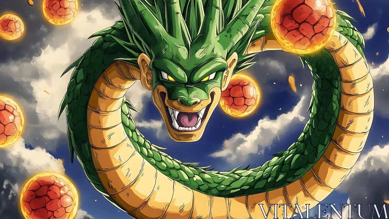 Sky-coiled dragon laughs while crystal orbs ignite clouds