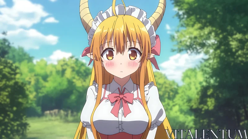 Shy horned maid blushes beneath a sunlit forest sky.