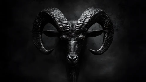 Dark ram head with curved horns on black smoky background.