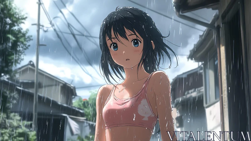 Anime girl stands in heavy rain on narrow residential street
