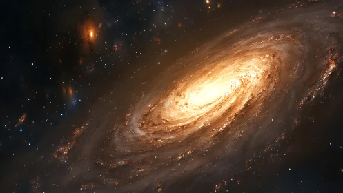 Golden spiral galaxy swirling through quiet starlit space.