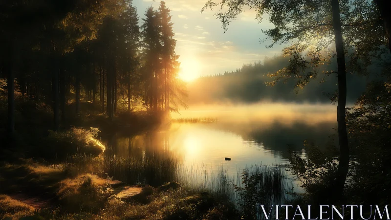 Sunrise light scatters through mist over quiet forest lake