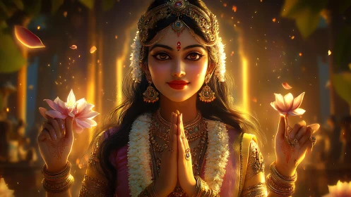 Digital portrait of adorned woman holding lotus flowers.