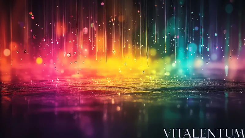 Glowing rainbow rain falling gently over a dreamy night street.