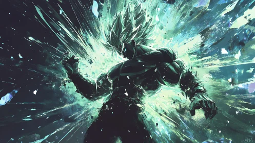 Silhouetted muscular figure stands amid radial energy burst